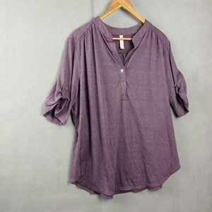 Per Seption Blouse Top Womens 3X Purple Rayon Stretch 3/4 Roll Tab Sleeve V-Neck